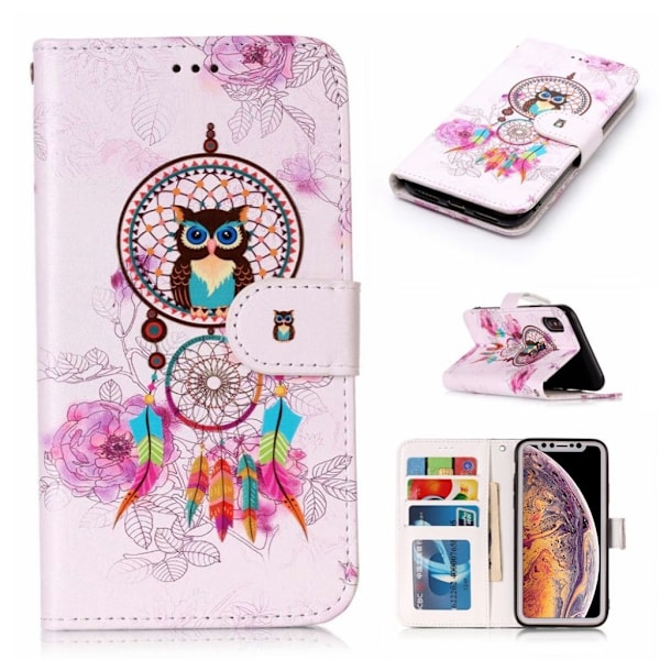 iPhone Xs Max kohokuviollinen synteetti nahkainen lompakko suojakotelo kortti paikoilla - Pöllö Unensieppaaja Multicolor
