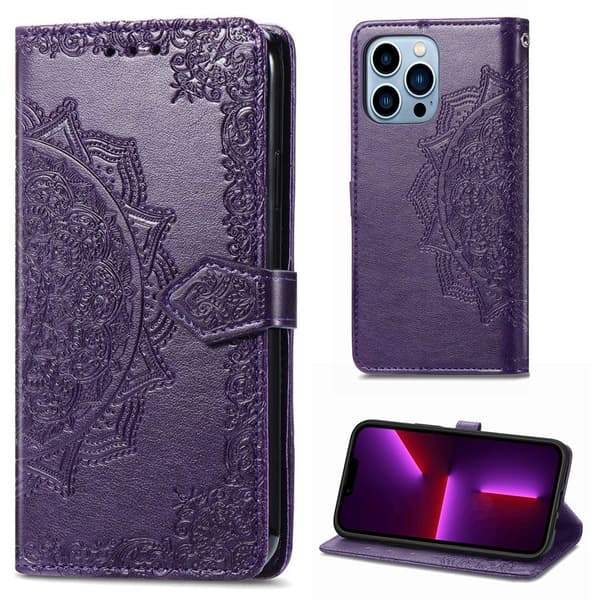 Mandala iPhone 13 Pro Max læderetui - Lilla Purple