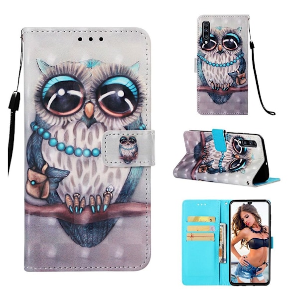 Samsung Galaxy A70 mønstret lædercover - uglemønster Multicolor