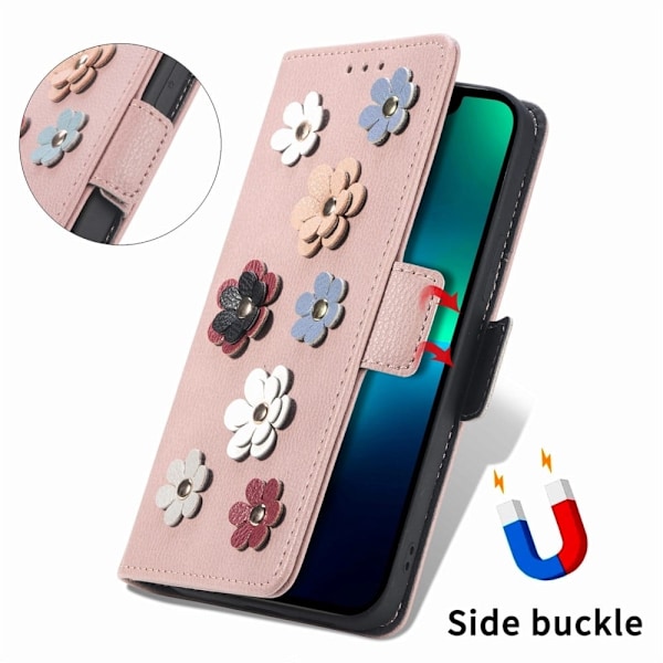 Mjukt läder iPhone 12 Mini fodral med blomdekor - Rosa Rosa