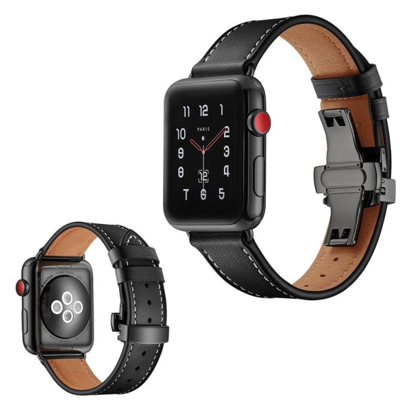 Apple Watch Series 5 44mm holdbar ægte læder Urrem - Sort Spænde Black