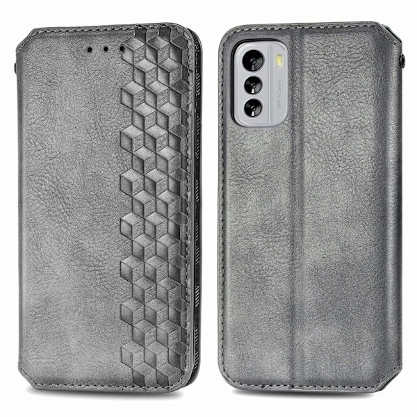 Nahkakotelo With A Stylish Rhombus Imprint For Nokia G60 - Harmaa Silver grey