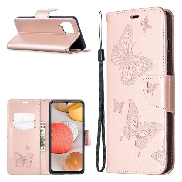 Butterfly Samsung Galaxy A42 5g Flip Etui - Rødguld Pink