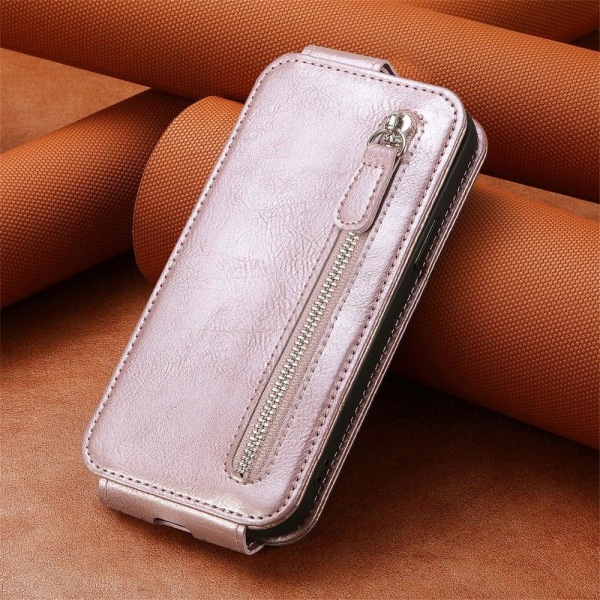 Vertical Flip Phone Etui med Zipper til Google Pixel 7 - Rødguld Pink
