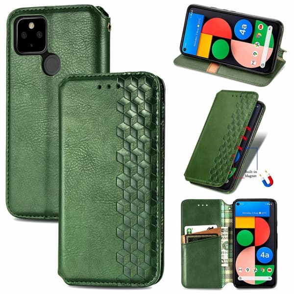 Läder Google Pixel 5a fodral med romb-design - Grön Grön