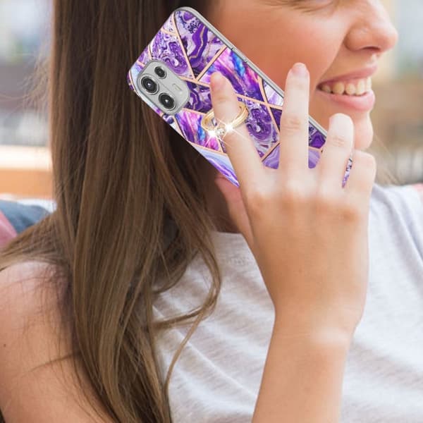 Marble Mønstret Deksel med Ring Holder til Motorola Edge 20 Lite - Mørkelilla Purple