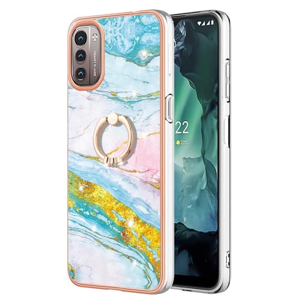 Marble Patterned Suojakuori With Ring Holder For Nokia G11 / G21 - Vihreä And Keltainen Marble Haze Green