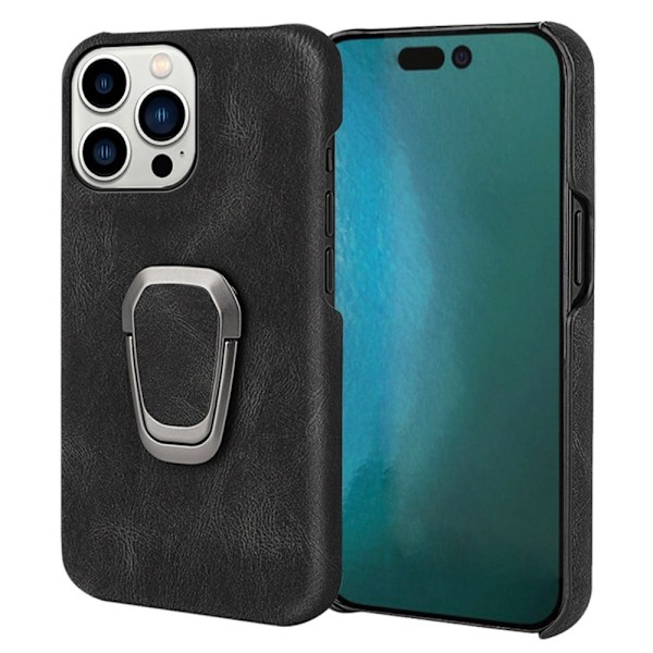 Stødsikkert lædercover med oval støttefod til iPhone 14 Pro - Sort Black