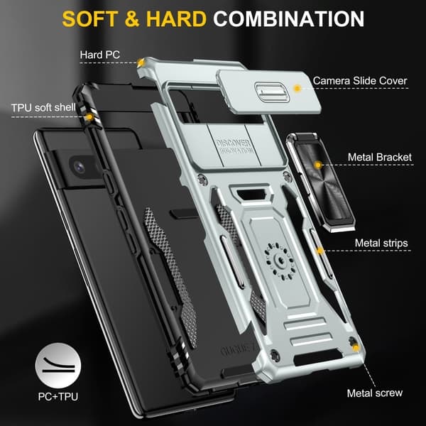 Armor-sarjan Google Pixel 9 Case kolhunkestävä ja joustava potkukiinnike puhelinsuoja Slide Lens Shield - Harmaa Silver grey