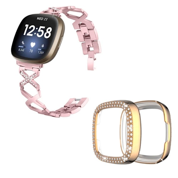 Fitbit Sense / Versa 3 X-formad med strassdekorerat klockarmband med roséguldskal - Rosa Ros Rosa