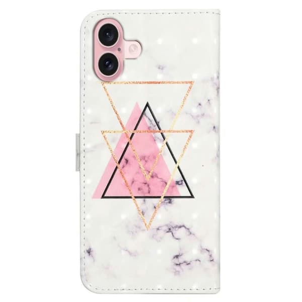 iPhone 16 Etui 3D Creative Pattern Vegansk Læder Stand Phone Cover - Trekantet Kugle Pink