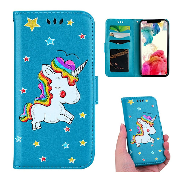 iPhone Xs Max flash powder Enhjørning mønster læder flip cover - Blå Blue