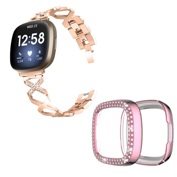 Fitbit Sense / Versa 3 X-formad med strassdekorerat klockarmband med rosarött fodral - Roséguld Rosa