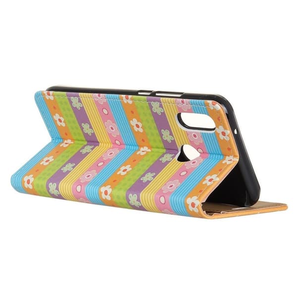 Huawei P20 Lite mønstret PU læder flip etui - Farverigt Striber & Blomster Multicolor