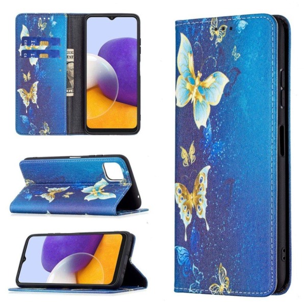 Wonderland Samsung Galaxy A22 5G Flip etui - Golden sommerfugl Blue