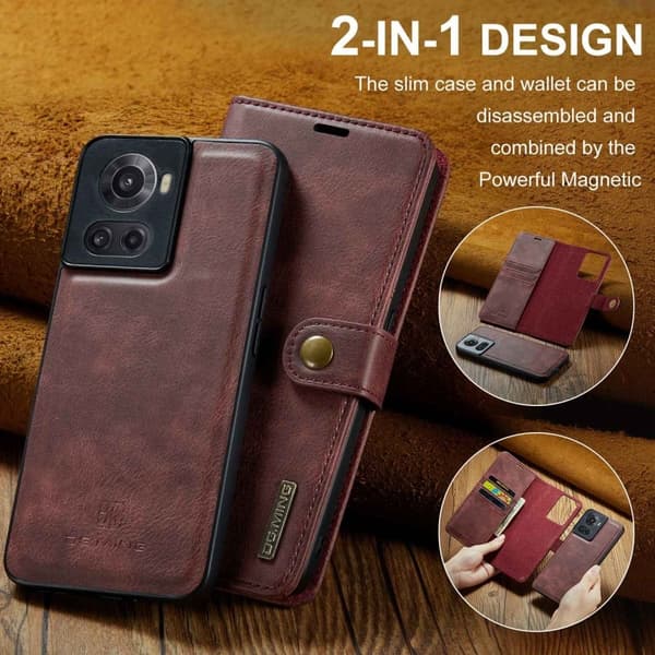 DG.Ming OnePlus 10r / Ace 2-in-1 Pung Etui - Rød Brown