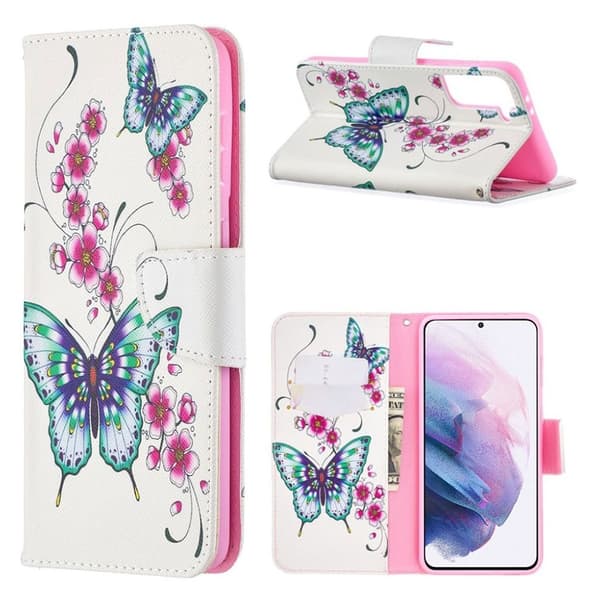 Wonderland Samsung Galaxy S21 Plus 5G flip kuoret - Vihreä Perhonen Multicolor