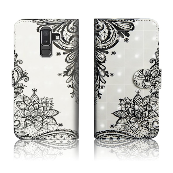 Samsung Galaxy J8 (2018) magnetiskt flipfodral i läder med mönstertryck - Svart Blomma Svart
