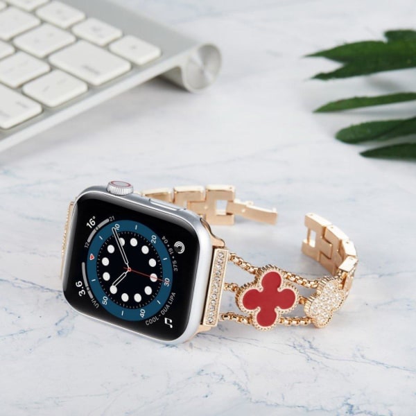 Apple Watch 40 mm klockarmband med dekor av strass och blommor - Roséguld / Röd Rosa