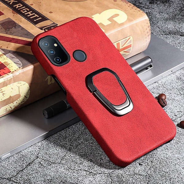 Iskunkestävä nahkasuojus soikealla jalustalla OnePlus Nord N100:lle - Punainen Red