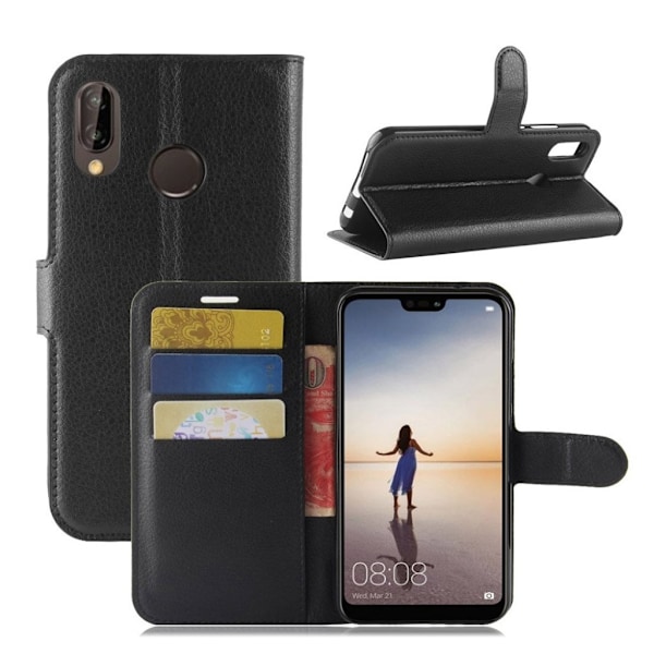 Huawei P20 Lite litchi tekstur PU læder flip etui - Sort Black