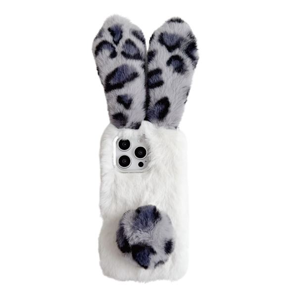 iPhone 16 Pro Case Fluffy Leopard Splicing Bunny Plush Flexible Phone Cover - Black Black
