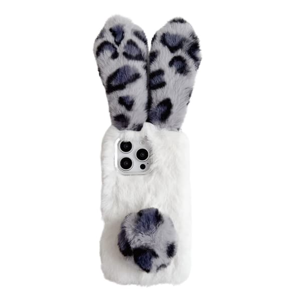 iPhone 16 Pro Etui Fluffy Leopard Splicing Bunny Plys Fleksibelt telefon cover - Sort Black