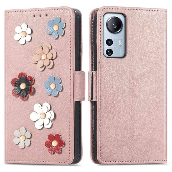 Mjukt läder Xiaomi 12 Lite fodral med blomdekor - Rosa Rosa