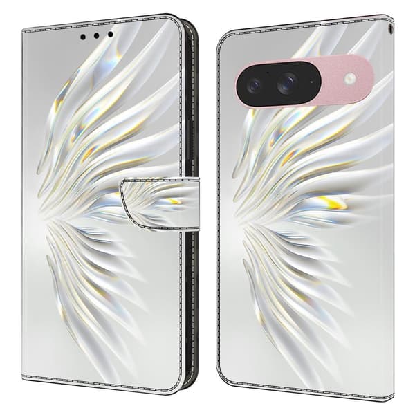 Google Pixel 9 / 9 Pro plånboksfodral mönstrat tryck stativ läder flip telefonskal - Kristallvingar Vit