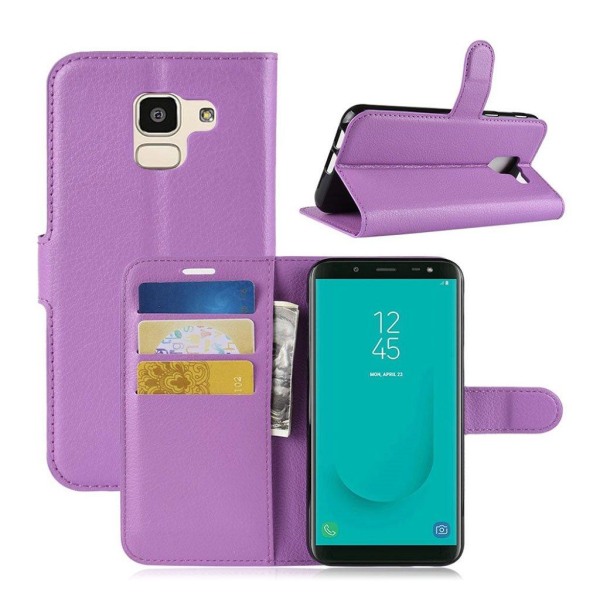 Samsung Galaxy J6 mobiletui i lædermateriale med Litchi overflade samt magnetisk lukkeklap - Lilla Purple