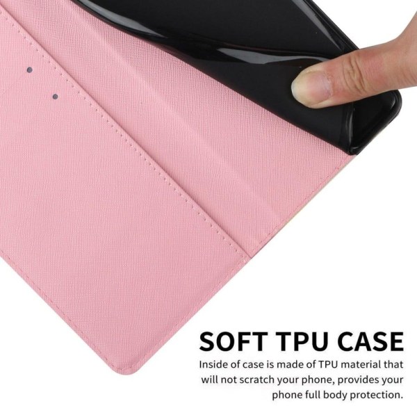 Vegansk lædermønstertryk til iPhone 14 Pro Max, Cross Texture Stand Wallet Folio Flip Phone Cover med håndrem - Bil Pink