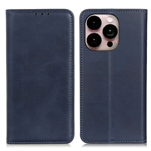 Flipveske i ekte skinn i lommebokstil for iPhone 14 Pro Max - Blå Blue