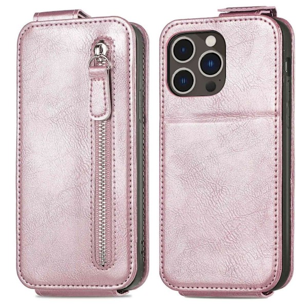 Vertikalt iPhone 14 Pro Max fodral med dragkedja - Rosa Rosa