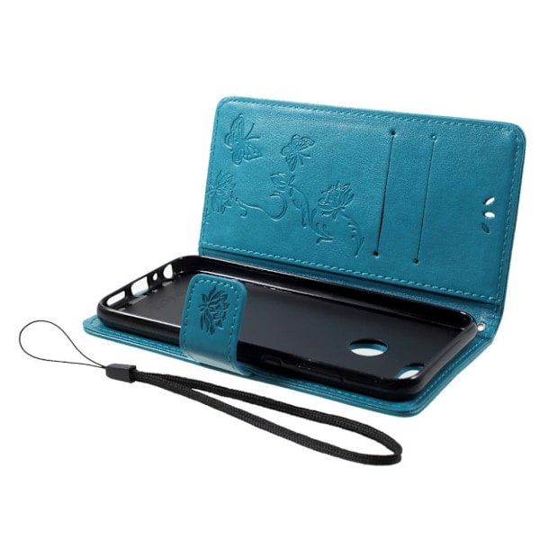 Huawei Honor 9 Lite stemplet sommerfugl blomster PU læder flip etui - blå Blue