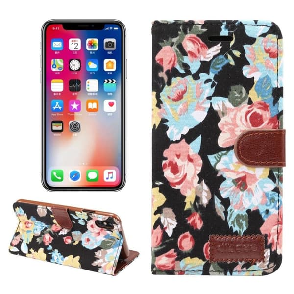iPhone 9 Plus Kukka Kangas Pinnoitettu Synteetti Nahkainen Lompakko Suojakotelo - Musta Black