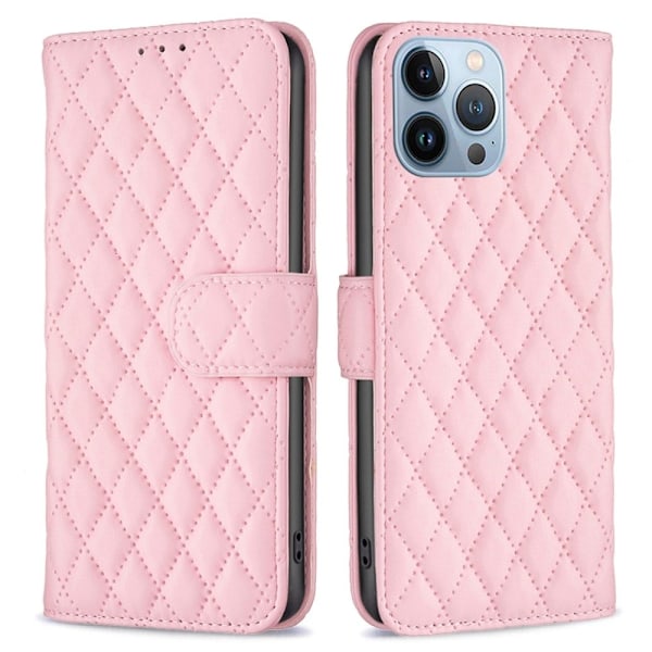 BINFEN COLOR Matte Phone Cover iPhone 13 Pro 6.1 inch BF Style-14 Full Coverage Vegansk Læder Flip Wallet Case Stand with Imprinted Rhombus Pattern - Pink