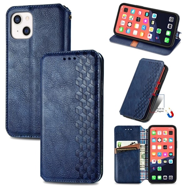 Läder iPhone 13 Mini fodral med romb-design - Blå Blå