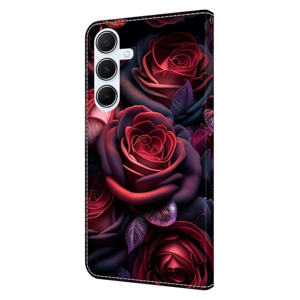 Samsung Galaxy S24 FE Plånboksfodral Mönster Tryck Stativ Läder Flip Telefonskal - Svart Ros Röd