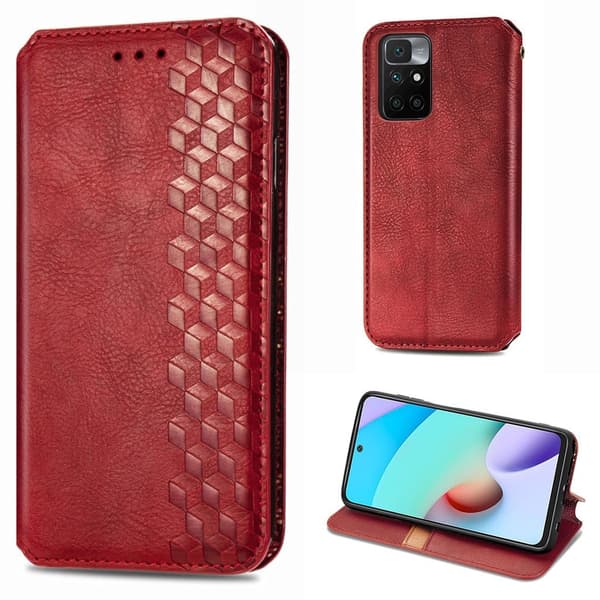 Læder Etui med A Stilfuldt Rhombus Tryk til Xiaomi Redmi Note 10s / Redmi Note 10 - Rød Red