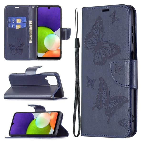 Butterfly Samsung Galaxy A22 4G Flippetui - Mørkeblå Blue