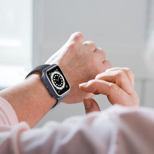 Apple Watch SE 2022 (44mm) suojakuori ja silikonisuojus karkaistulla lasilla - Sininen / Hopea Blue