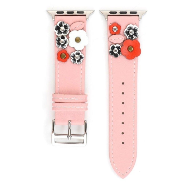 Apple Watch Series 5 44mm blomster dekorations ægte læder Urrem - Lyserød Pink