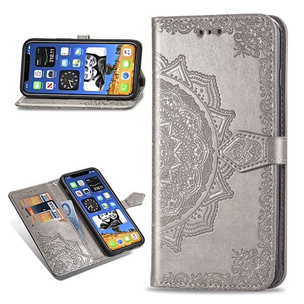 Mandala iPhone 12 Mini Flippetui - Grå Silver grey