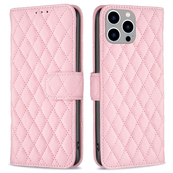 BINFEN COLOR iPhone 14 Pro Max 6.7 inch BF Style-14 Matte Vegansk Læder Imprinted Rhombus Pattern Case Stand Wallet Cellphone Guard Cover - Lyserød Pink