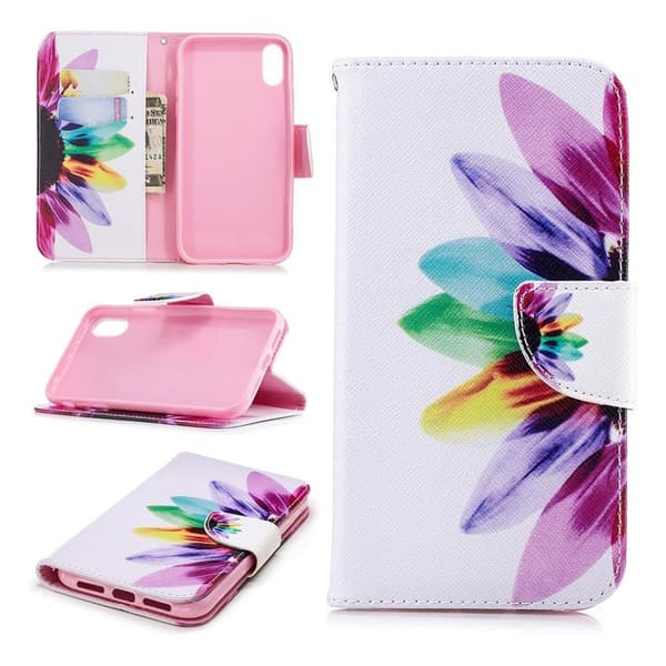 iPhone Xr læder flip cover med mønsterprint - Petals Multicolor
