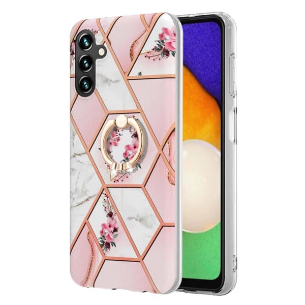 Marble Mønstret Cover med Ring Holder til Samsung Galaxy A13 5G - Lyserøde Blomster Pink