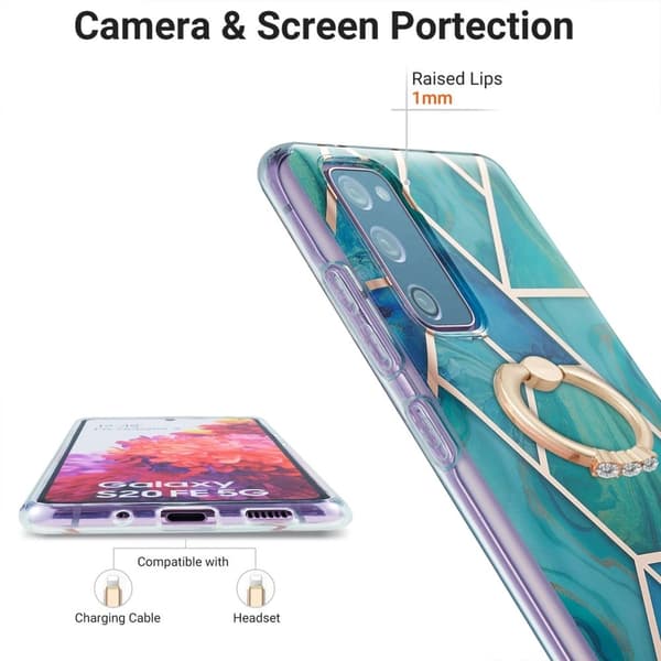 Marble Mønstret Cover med Ring Holder til Samsung Galaxy S20 Fe 2022 / S20 Fe 5g - Grøn Green
