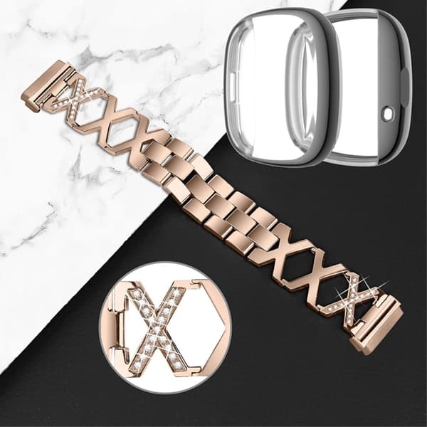 Fitbit Sense / Versa 3 X-formet urrem med rhinestone-dekor og gråt cover - Guld Gold