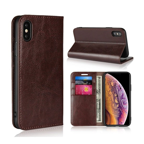 Crazy Horse iPhone XS flip cover i ægte læder - Kaffe Brown