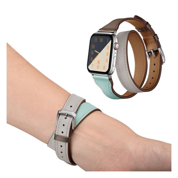 Apple Watch Series 5 44mm bi-colored circle design ægte læder Urrem - Brun / Hvid / Blå Multicolor